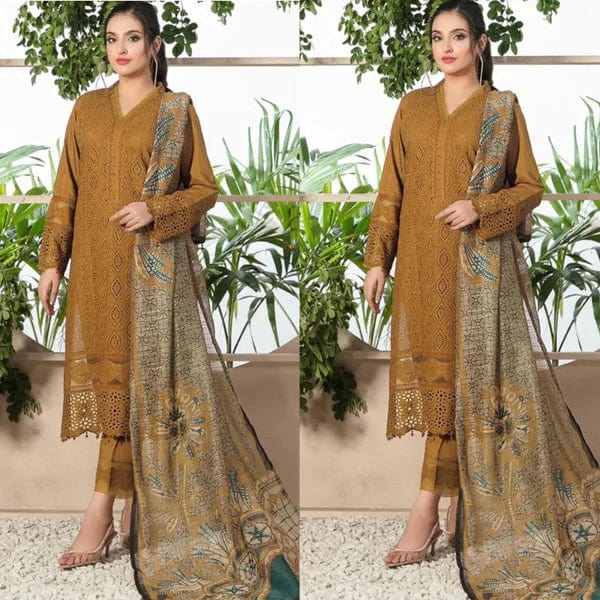 Chikenkari D-762 Mustard lawn Embroidered 3pc