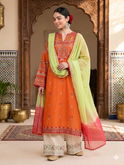 Crossstitch Embroidered lawn Three Piece